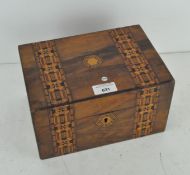 A Victorian walnut work box, inlaid with geometric bands of marquetry