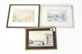 Three watercolour pictures of a coastal scene, a landscape, and a harbour scene,