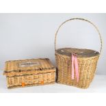 Two wicker baskets, both with lids and handles to the top,