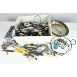 A collection of silver plate, including flatware, toast rack, dishes,