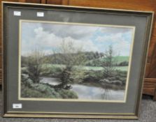 A picture depicting a riverside scene, signed and dated W. Staples 1988