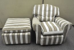 A modern beige and cream striped armchair with matching footstool,