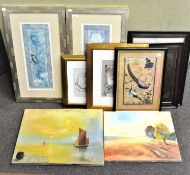 A selection of contemporary artwork, including two oil on canvas depicting landscapes,