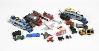 A group of play worn diecast toys, mostly Dinky, including a Heavy Tractor, a Ferrari, Fire Engine,