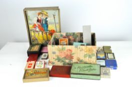A collection of various vintage toys, including packs of cards,