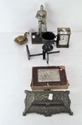 Assorted collectable's, including a brass carriage clock, brass compartmentalised stamp dispenser,