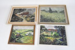 Three oil paintings of landscapes with cottages, one titled verso Houses in Woodmansterne Road,