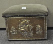 A 20th century brass stool with pressed maritime scenes,