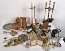 A large quantity of assorted 19th & 20th century metalware, including a school bell, copper jug,