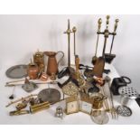 A large quantity of assorted 19th & 20th century metalware, including a school bell, copper jug,