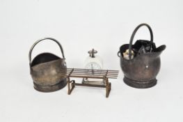 Two coal buckets, a Salter's improved family scale and a metal rack