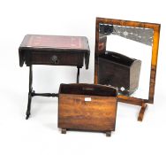 A Victorian mahogany drop leaf side table with a wood standing lamp and a mahogany magazine rack