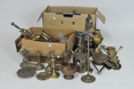A large quantity of 19th & 20th century brassware, including a pair of candlesticks, a kettle,