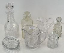 Assorted glassware including jugs, decanters, a jelly mould and a lidded jam pot,