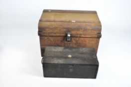 A large vintage metal trunk, 52cm x 74cm x 52cm, together with a wooden box