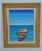 A Ilkin Deniz oil on canvas, depicting a wooden fishing boat on a turquoise sea,