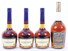 Three bottles of Courvoisier VS Cognac, 70 cl. with another