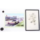 A Graham Hill signed print by Michael Turner together with another Motor Racing print