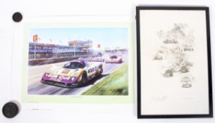 A Graham Hill signed print by Michael Turner together with another Motor Racing print