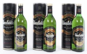 Three bottles of Glenfiddich Pure Malt Scotch Whisky, distilled and bottled in Scotland, 1.