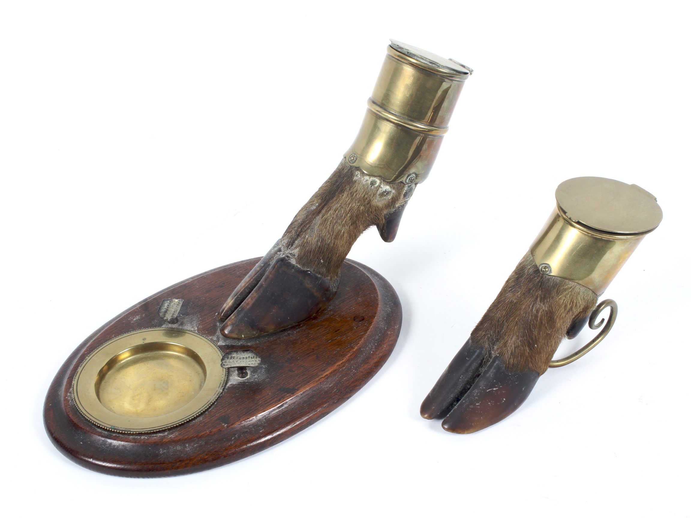 Two late 19th century deer hoof brass-mounted inkwells,