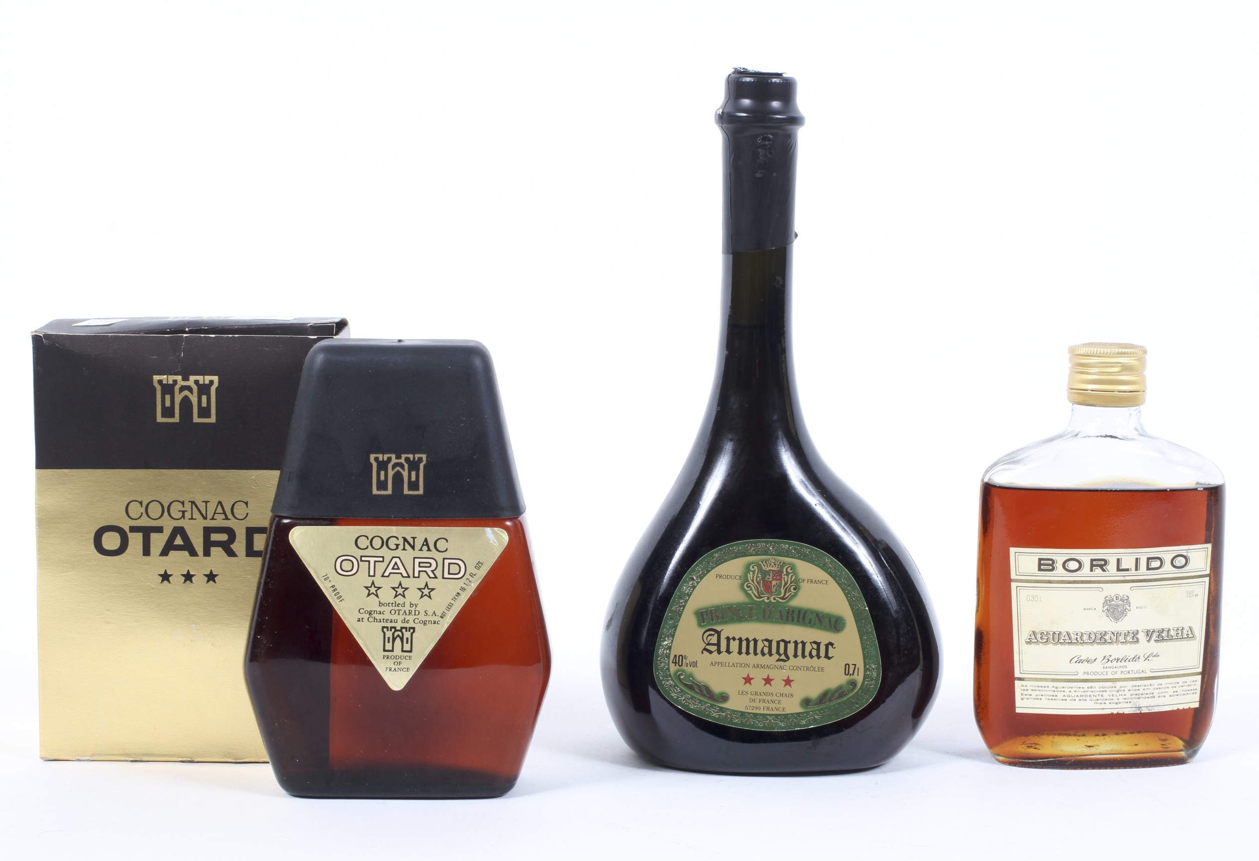 A bottle of Otard Cognac, 70% proof, 16 1/2 fl. oz, boxed, a Prince D'Arignac Armagnac, 70 cl.