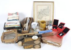 A parcel of sporting ephemera, including rackets, skates, a box of Slazenger balls,