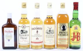 Six bottles of Scotch Whisky including Old Barn, Banoch Brae, Justerini & Brooks, The Jacobite,