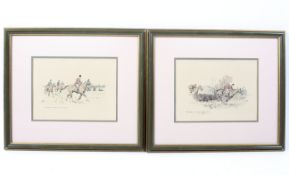 A pair of framed hunting prints, the first titled 'He used to win thee Member's race....