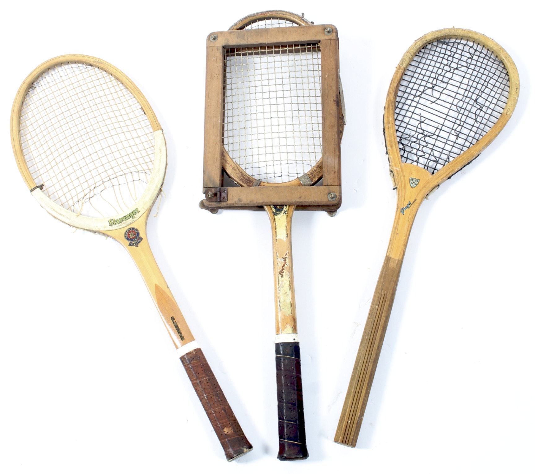 Three vintage tennis rackets, including a Grays "real" tennis racket and two Slazengers,