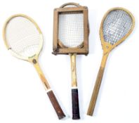 Three vintage tennis rackets, including a Grays "real" tennis racket and two Slazengers,