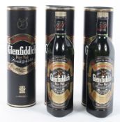 Three bottles of Glenfiddich Pure Malt Scotch Whisky, distilled and bottled in Scotland, 75cl,