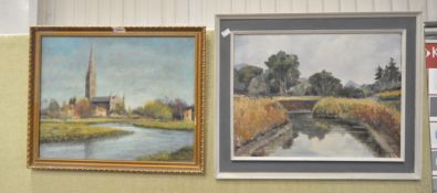 Two contemporary oils on boards, one of a canal view, the other of Sailsbury Cathedral