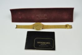 A Gents Raymond Weil quartz wristwatch, 18k gold plated case and strap, model 9811,