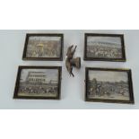 A cast metal model of a racing greyhound, together with four framed prints,