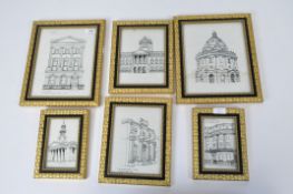 A set of six pictures with architectural prints, in gilt wood and black frames, glazed,