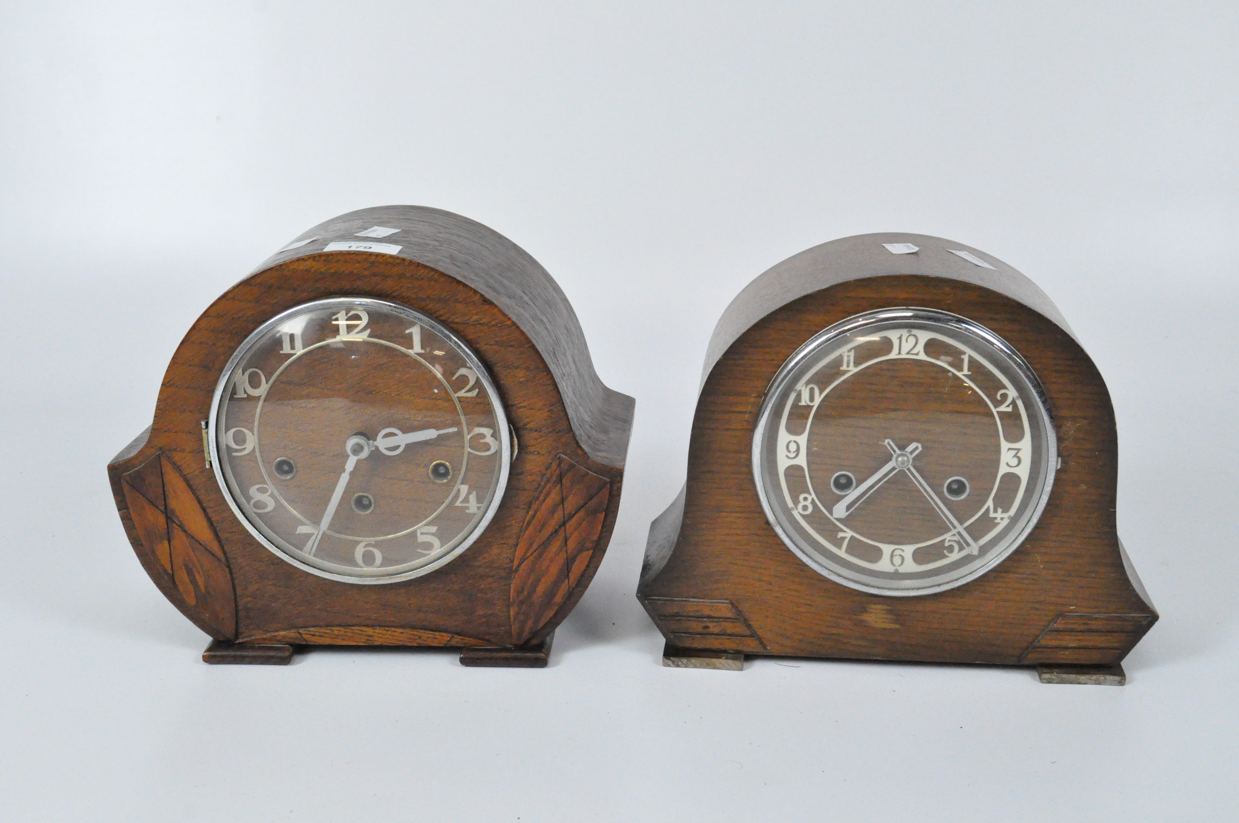 Two oak cased Art Deco mantle clocks, the movements marked 'BRITISH MADE',