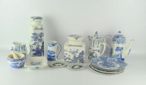 A selection of blue and white ceramics, including Spode biscuit and pasta jar,