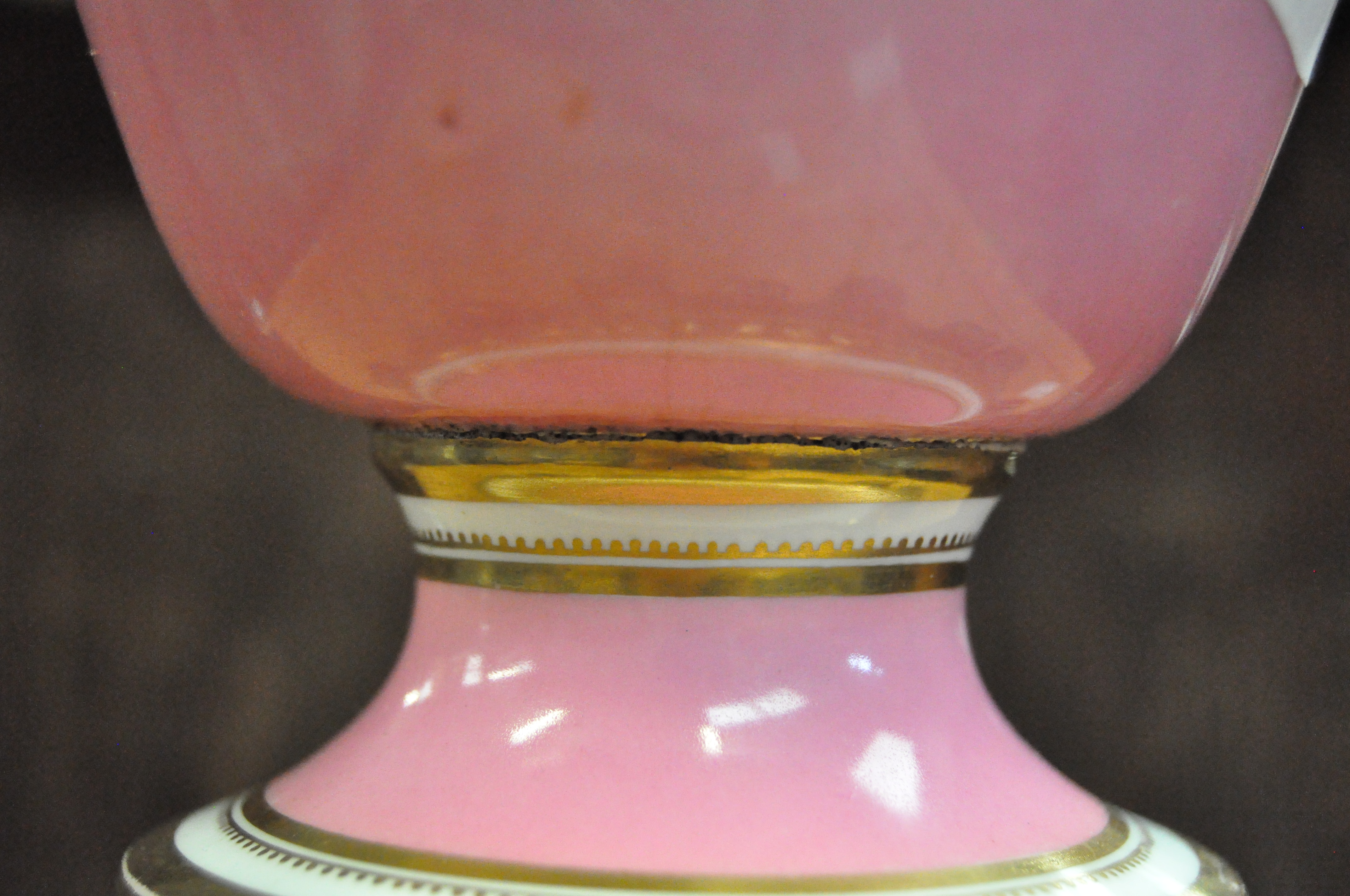 A pink porcelain vase form lamp decorated with landscape vignettes and gilt details, - Image 6 of 8