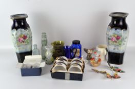 A quantity of glass and ceramics, including a Bristol Blue glass jug, signed to base,