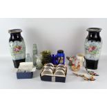 A quantity of glass and ceramics, including a Bristol Blue glass jug, signed to base,