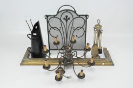 A selection of assorted metalware, including a brass fire fender,
