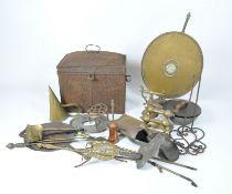 A Victorian brass fireguard, together with other metalware including brushes,