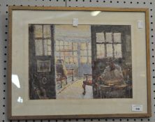 A mid 20th century watercolour, depicting a gentleman seated in a lounge,