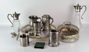 Two claret jugs with silver plated heads, together with and a quantity of other metalware,