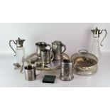 Two claret jugs with silver plated heads, together with and a quantity of other metalware,