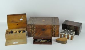 A collection of 20th century boxes, including a veneered example with straw work decoration,