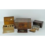 A collection of 20th century boxes, including a veneered example with straw work decoration,