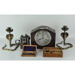 A selection of 20th century collectables, including a pair of brass candlesticks modelled as snakes,