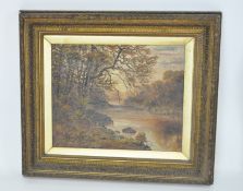 A 20th century oil on canvas, depicting a woodland riverside scene, 39cm x 49cm,